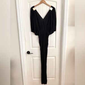 Olivaceous Black Goddess V Neck Maxi Dress with Gold Shoulder Accents Size Large